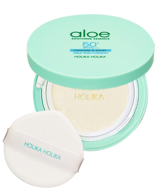 Holika Holika Aloe Mild Sun Cushion SPF50 PA++++ - Cooling & Moisturizing Sunscreen for Sensitive Skin, Non-Nano Zinc Oxide, Reef-Friendly, Soothing Aloe Vera & Centella Asiatica - No White Cast, 0.86oz.