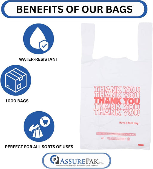 Small Economy "Thank You" T-Shirt Bags - 1/12 BBL - 7"X3.5"X13" - 1000 Bags Bulk - 13 Mic - White - For Retail, Groceries, Merchandise, Convenience Store, Supermarket, Restaurant