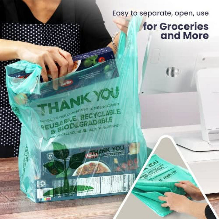 [500 Pack] 1/6 Size Biodegradable Reusable Plastic T-Shirt Bag Eco Friendly Compostable Grocery Shopping Thank You Recyclable Trash Basket Bags