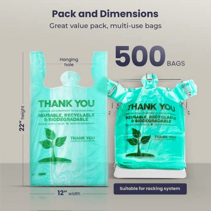 [500 Pack] 1/6 Size Biodegradable Reusable Plastic T-Shirt Bag Eco Friendly Compostable Grocery Shopping Thank You Recyclable Trash Basket Bags