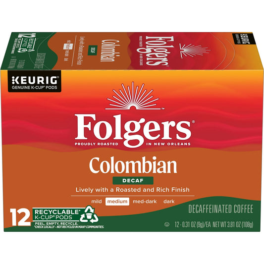 Folgers Colombian Decaffeinated Coffee, Medium Roast, Keurig K-Cup Pods, 12 Count Box